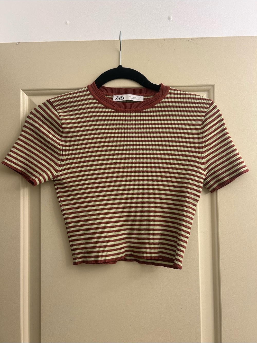ZARA rust & lime colored Striped Ribbed Short Sleeve Top